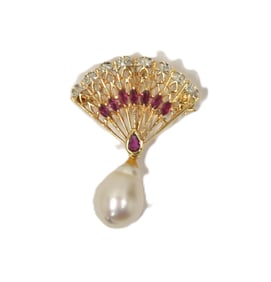 14kt GOLD FAN FORM RUBY & DIAMOND PIN