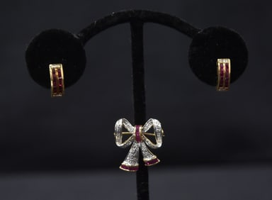 14kt RUBY & DIAMOND PIN & EARRINGS