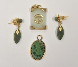 (4)pc 14kt GOLD MOUNTED JADE EARRINGS & PENDANTS