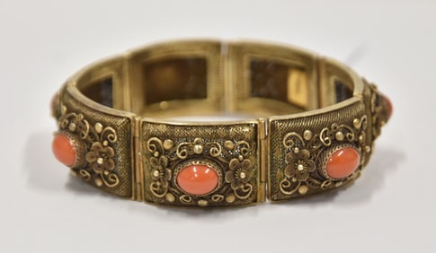 CHINESE FILIGREE SILVER & CORAL BRACELET