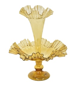 RUFFLED AMBER GLASS EPERGNE BASKET
