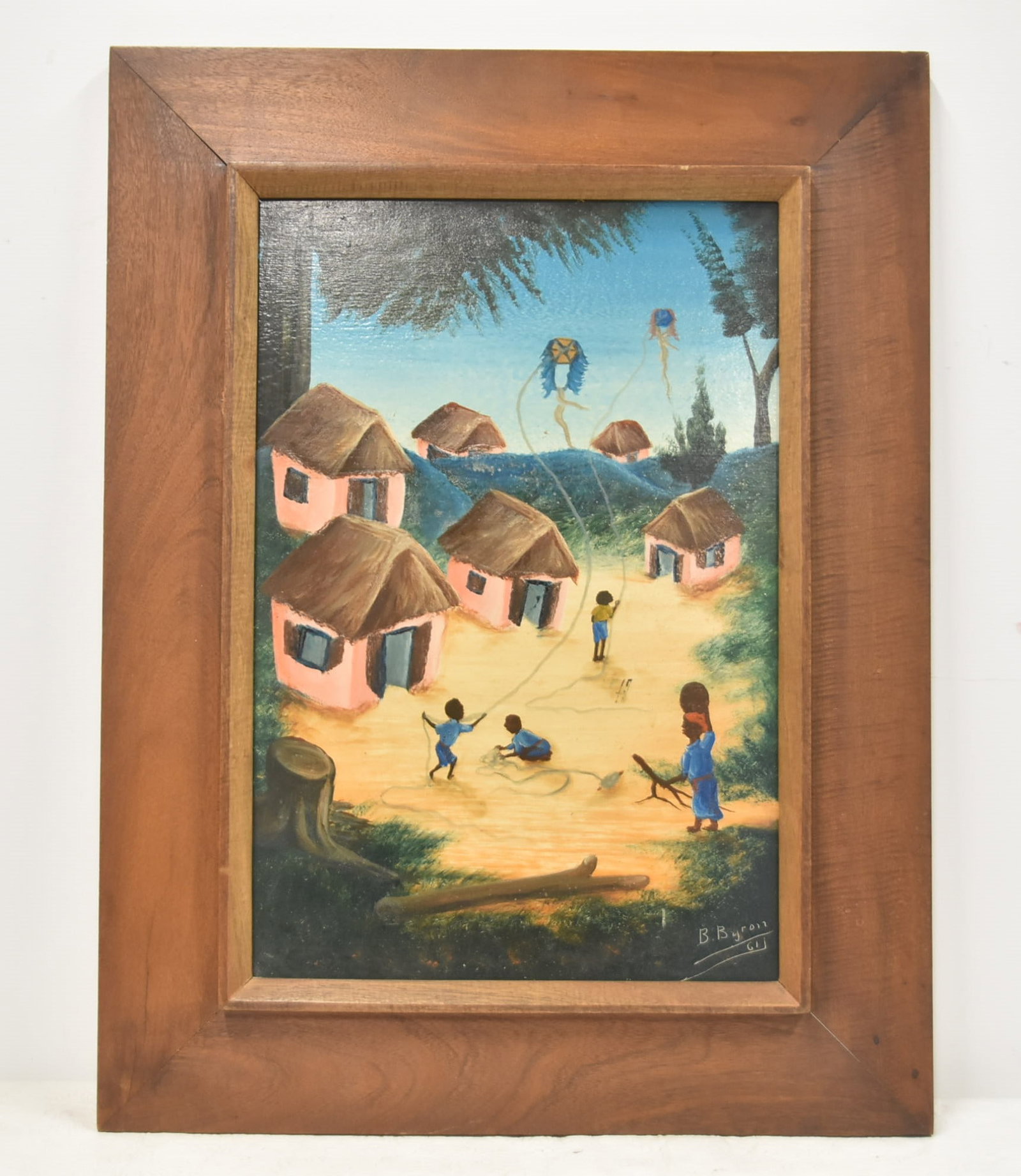 BOURMOND BYRON , OIL ON BOARD LANDSCAPE: BOURMOND BYRON (HAITIAN, 1920-2004) OIL ON BOARD HAITIAN VILLAGE LANDSCAPE , SIGNED B BYRON , 1961 - 12" x 17" ; 18" x 24" OVERALL