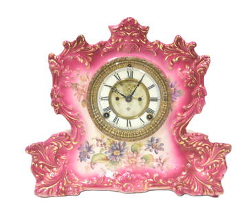 ROYAL BONN "REVIEW" MANTLE CLOCK: ROYAL BONN CHINA CASE ANSONIA MANTLE CLOCK ; MARKED " REVIEW" , 1901 WITH FLORAL DECORATIONS - 13" x 5" x 11"