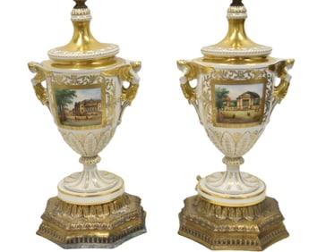 PAIR OF DRESDEN TOPOGRAPHIC VASE TROPHY LAMPS