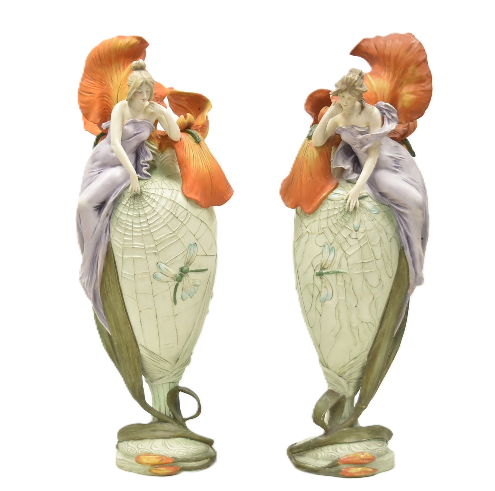 (Pr) LARGE AMPHORA ART NOUVEAU FIGURATIVE VASES: PAIR LARGE TURN TEPLITZ AMPHORA ART NOUVEAU PORCELAIN VASES WITH ART NOUVEAU FEMALE NYMPH SEATED ATOP VASES WITH LARGE FLOWERS , DRAGONFLIES & SPIDERWEBS - 9" x 9" x 22 1/2" ED STELLMACHER ; TURN TEPL