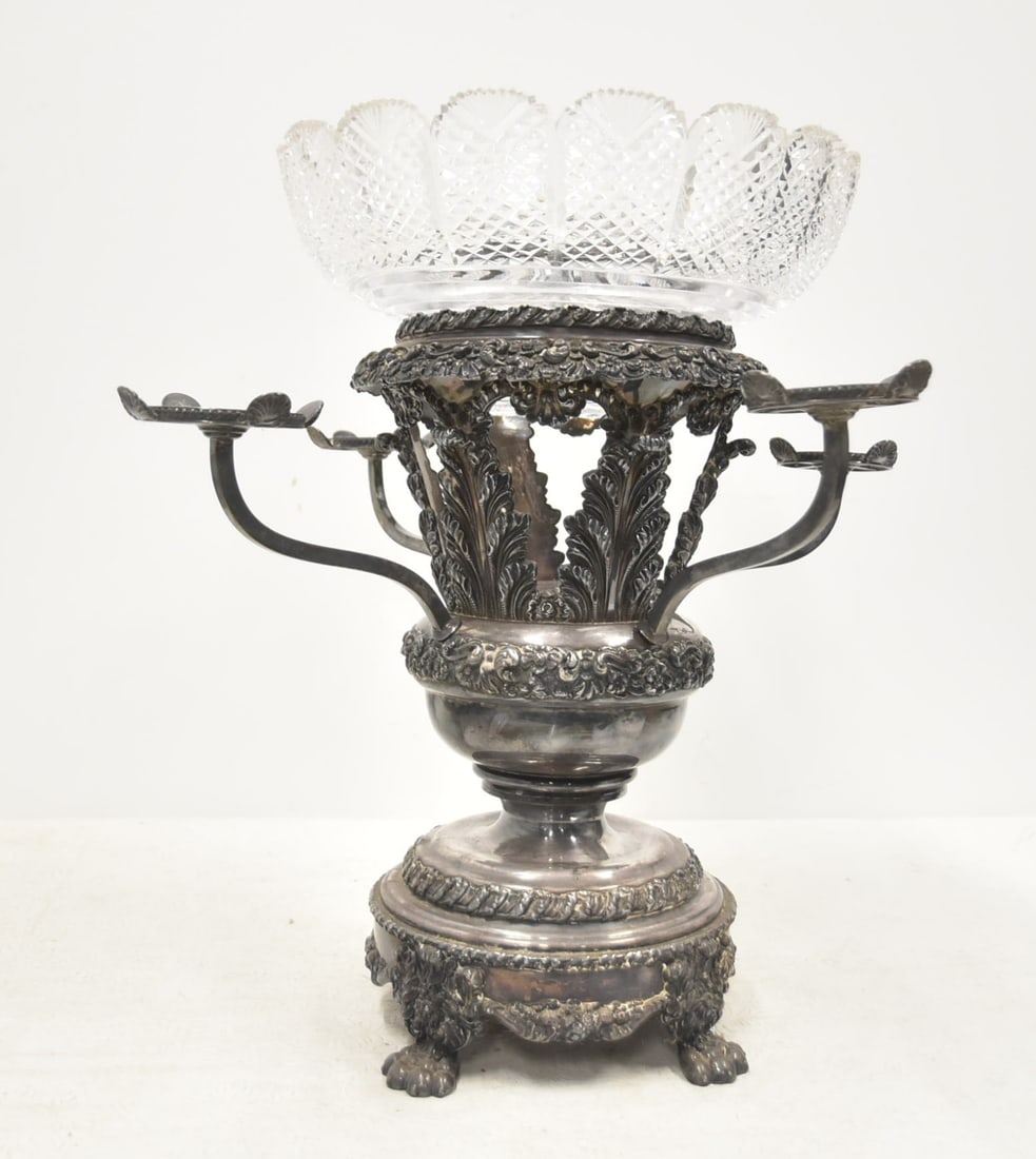 LARGE SILVER PLATE & CUT GLASS EPERGNE: LARGE SILVER PLATE EPERGNE WITH CUT GLASS CENTER BOWL & (4) REMOVEABLE ARMS (MISSING DISHES) RAISED ON LARGE PAW FEET ; ATTRIBUTED TO SHEFFIELD ENGLAND - 17" x 16 1/2"