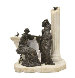 CLASSICAL BRONZE & ALABASTER SCULPTURE: CLASSICAL BRONZE STATUE OF MAIDENS WITH BIRD LEANING ON ALABASTER - 12" x 7" x 13" (HAIRLINE ON ALABASTER)