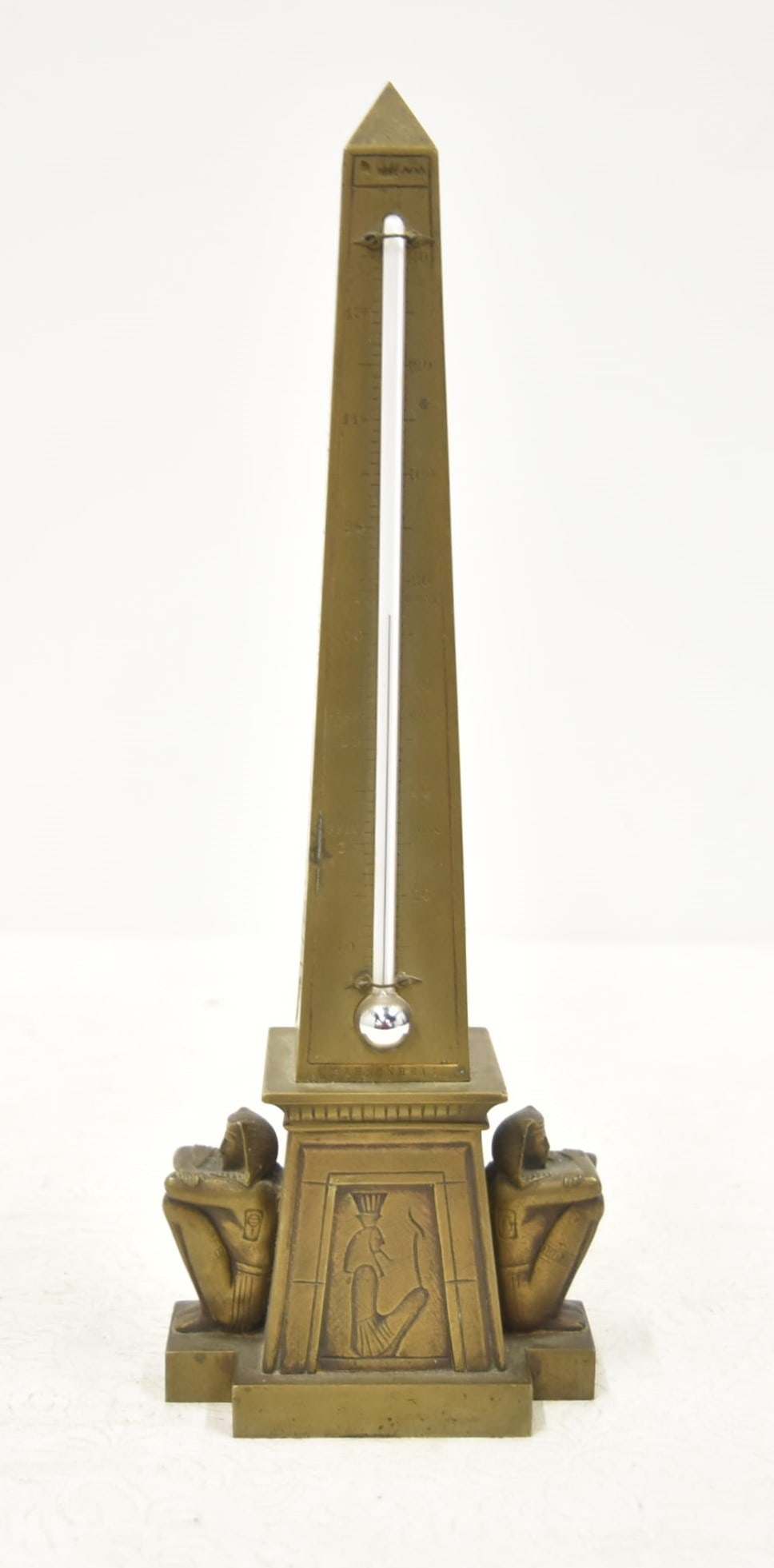 GRAND TOUR EGYPTIAN REVIVAL BRONZE BAROMETER: BRONZE GRAND TOUR EGYPTIAN REVIVAL OBELISK FORM BAROMETER WITH EGYPTIAN FIGURES ON SIDES & HIEROGLYPHICS - 4" x 2 1/2" x 10 1/2"