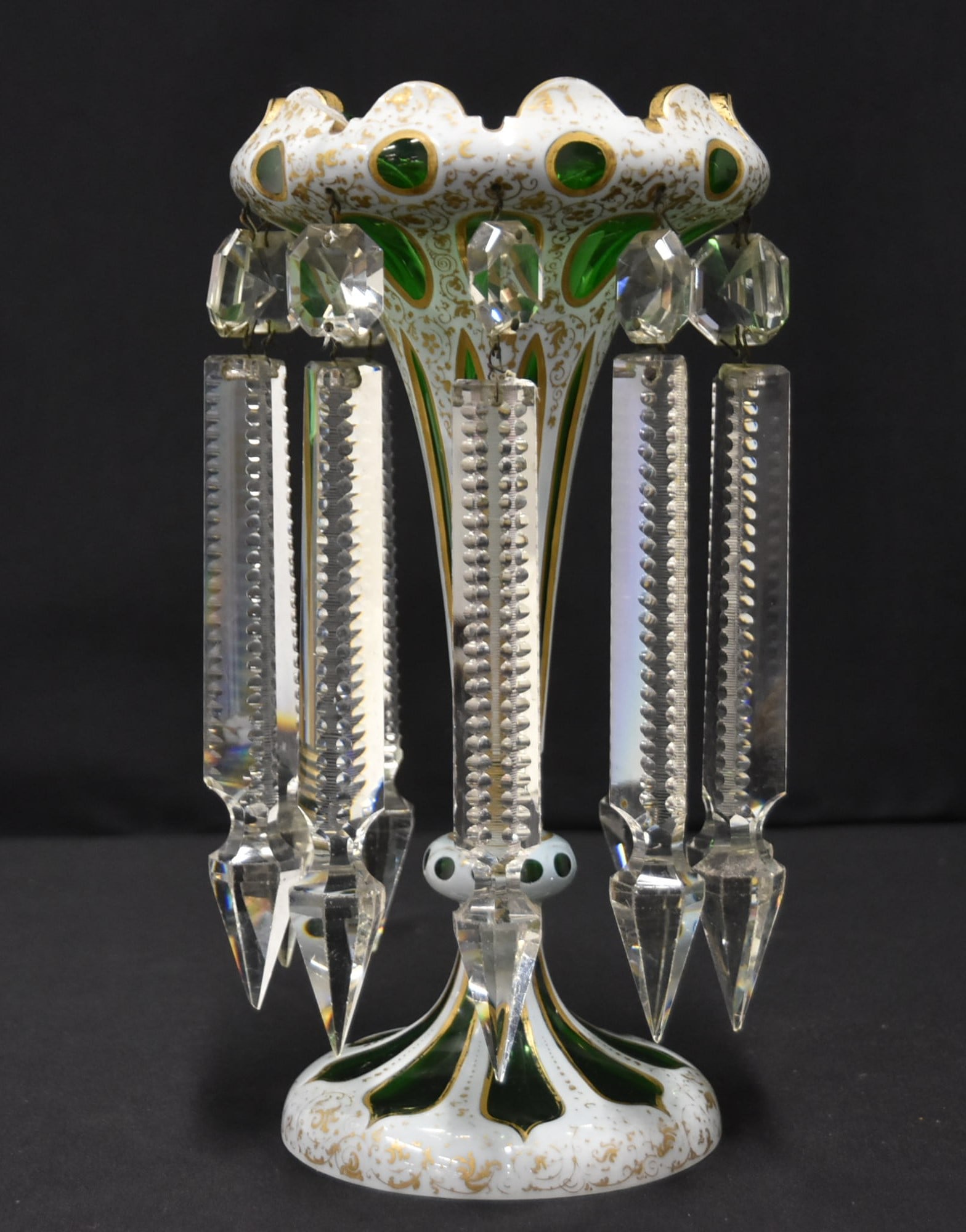 BOHEMIAN OVERLAY LUSTRE WITH LONG PRISMS: ANTIQUE BOHEMIAN WHITE OVERLAID GREEN GLASS LUSTRE WITH LONG PRISMS - 6" x 11 1/2"