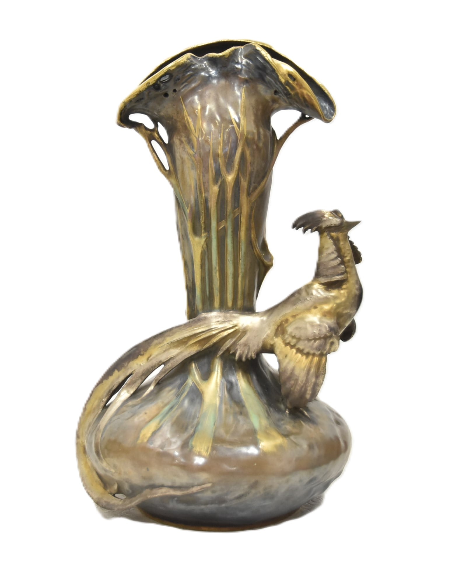 AMPHORA ART NOUVEAU IRIDESCENT PHEASANT VASE: ANTIQUE AMPHORA ART NOUVEAU CERAMIC VASE IRIDESCENT GLAZE VASE WITH LARGE PHEASANT STANDING BEFORE VASE ; FROM REISSNER , STELMACHER & KESSEL OF TURN TEPLITZ ; BOHEMIA - 9" x 9" x 15"