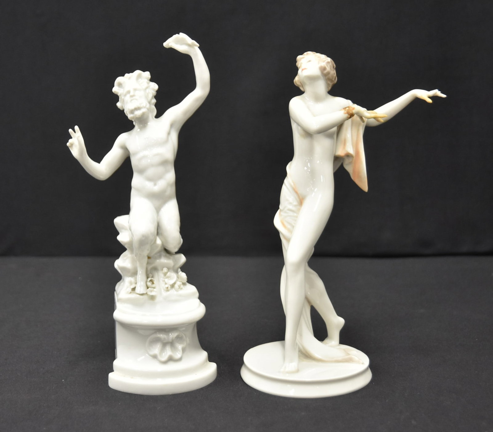 (2) PORCELAIN FIGURINES: ROSENTHAL "SCHERZO" SEMI NUDE WOMAN DANCING (FINGERS AS FOUND) / CAPODIMONTE PORCELAIN MYTHOLOGICAL FIGURE OF POSEIDON - LARGEST IS 4" x 8"