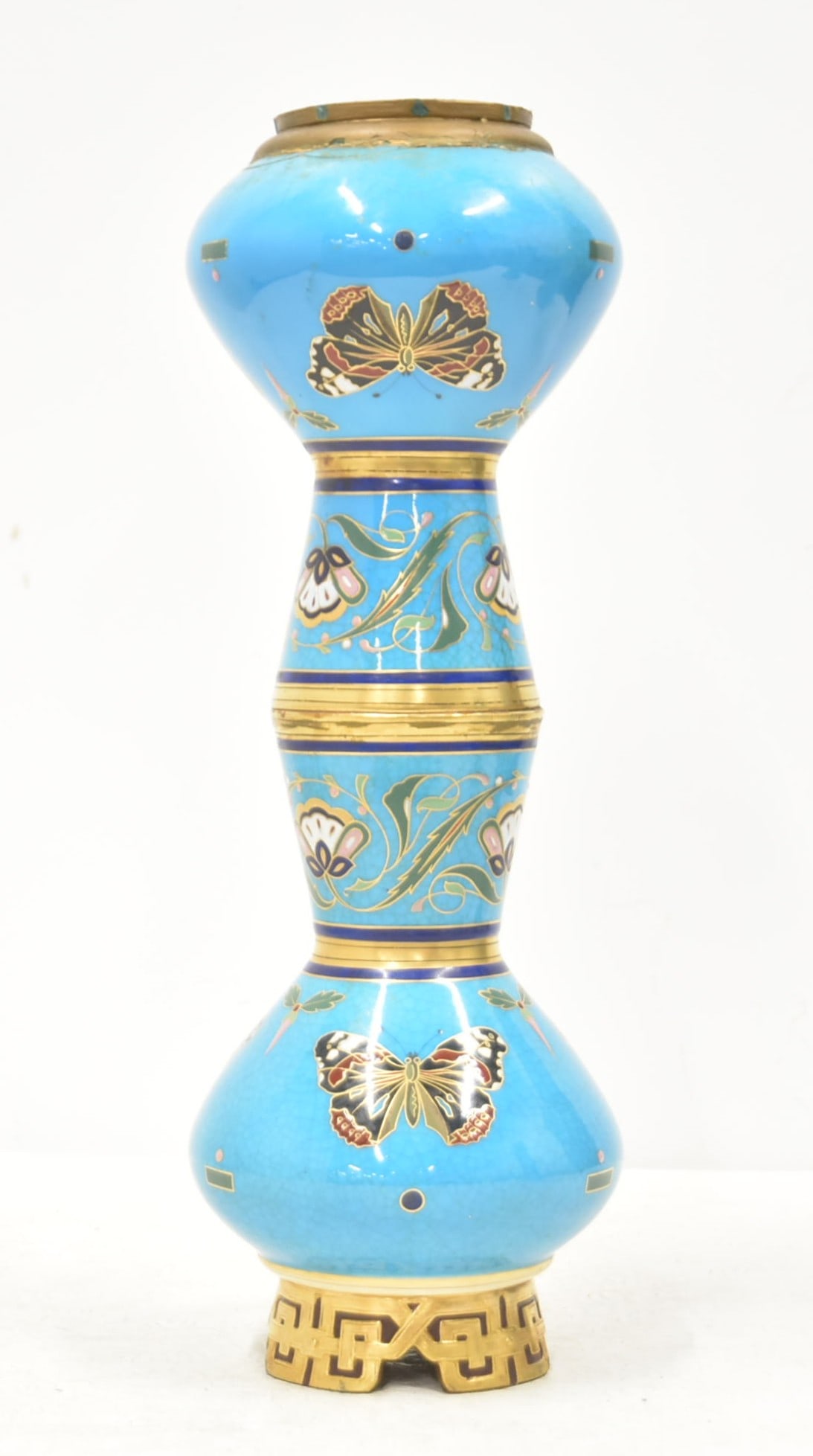MINTON STYLE VASE LAMP BASE: ATTRIBUTED T CHRISTOPHER DRESSER FOR MINTON ENGLAND ENAMELED CLOISONNEWARE STYLE PORCELAIN VASES MOUNTED AS SIGNED LAMP BASE (ONE AS FOUND) 14 1/2" TALL OVERALL
