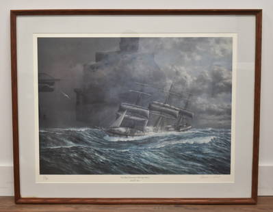 OSWALD BRETT , CAPE HORN LITHOGRAPH: OSWALD BRETT (1921-2017) NAUTICAL MARITIME LITHOGRAPH "The Ship Wavertree Off Cape Horn" by Oswald Brett, signed and numbered 612/900 - 41" X 33" FRAMED