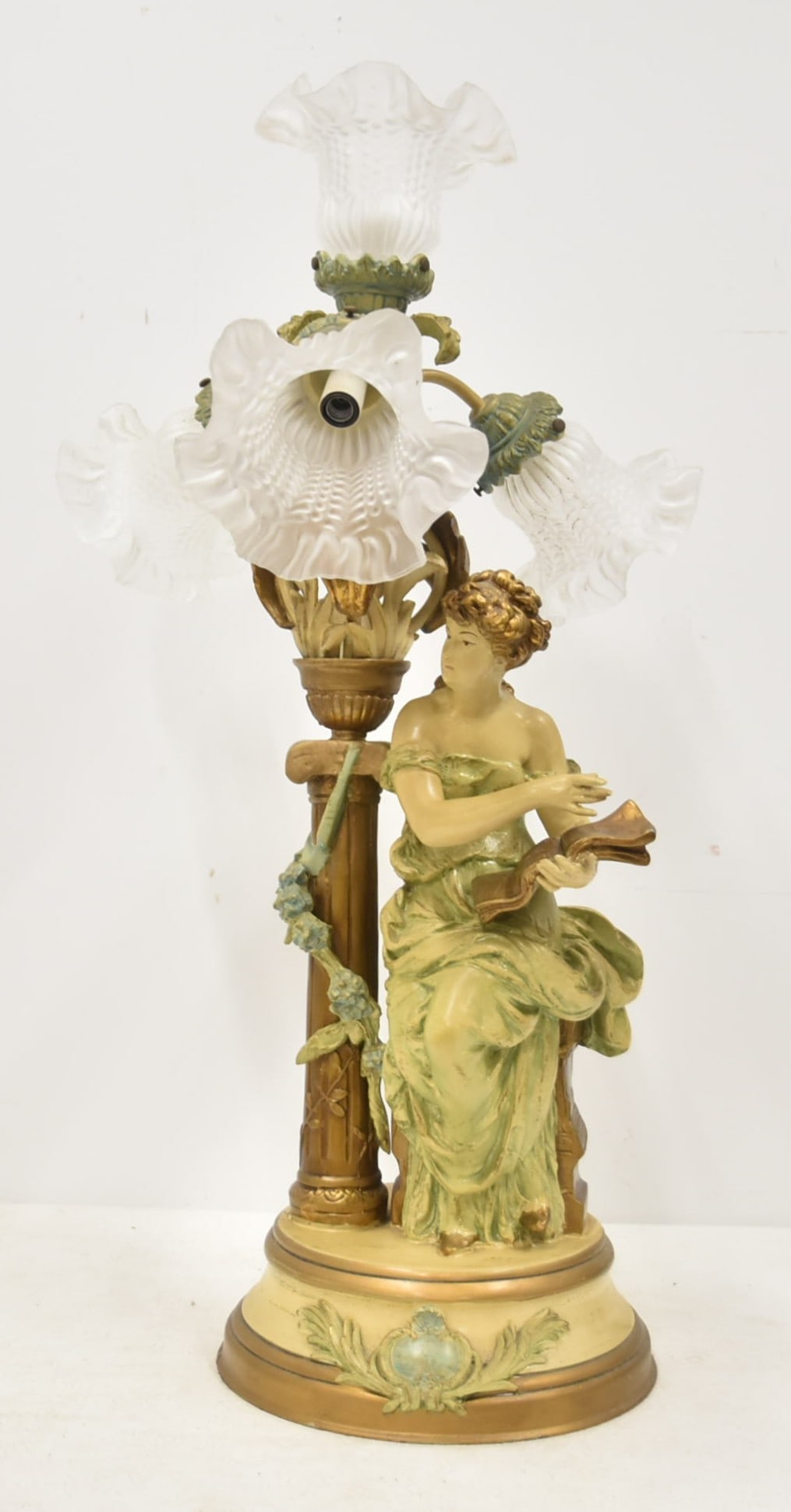 LARGE MOREAU STYLE PAINTED METAL LAMP: LARGE PAINT DECORATED WHITE METAL FIGURAL 4-LIGHT CANDELABRA LAMP WITH LADY READING BOOK - 15" x 15" x 28"