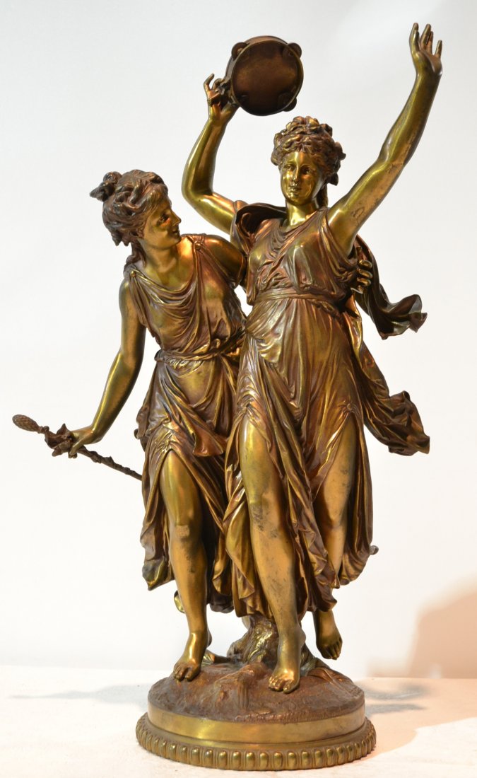 FRENCH BRONZE DOUBLE FIGURE OF WOMEN WITH: TAMBOURINE SIGNED L.GREGOIRE & BERNOUX Etc. FOUNDRY(FRENCH 1840-1890) 25" TALL