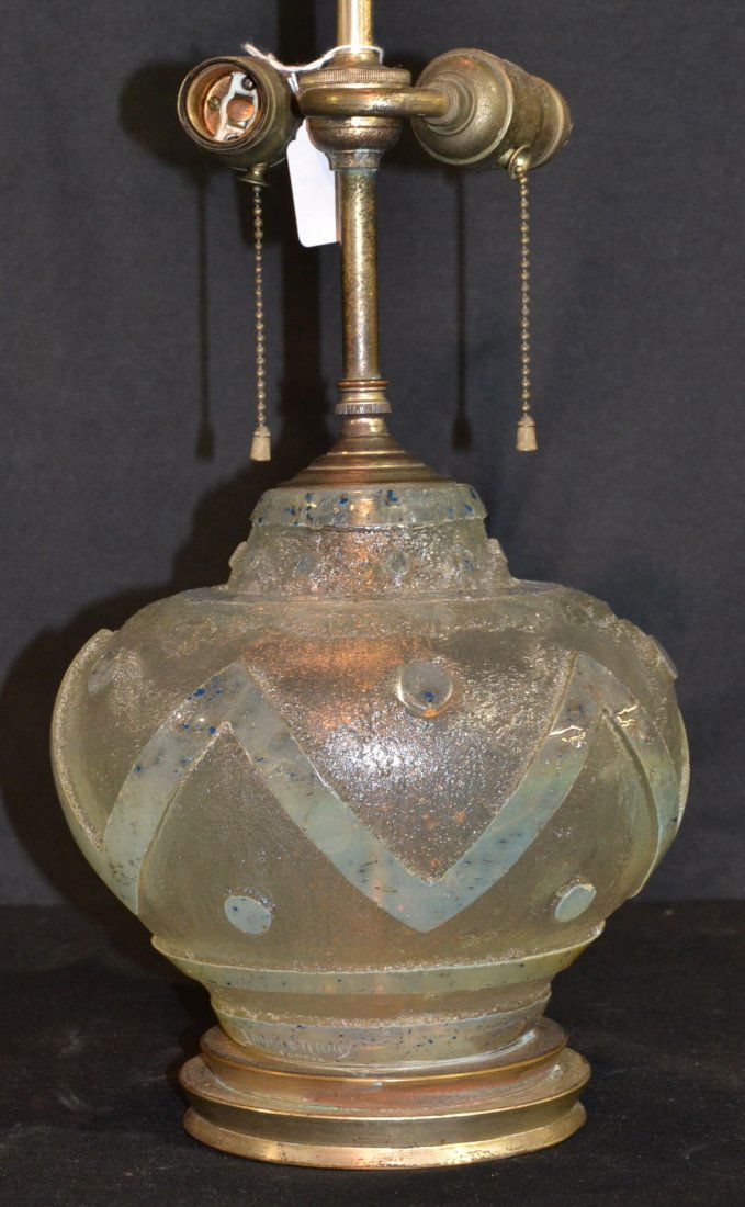 DECO SIGNED DAUM NANCY ROCK GLASS LAMP: 14" TO SOCKET