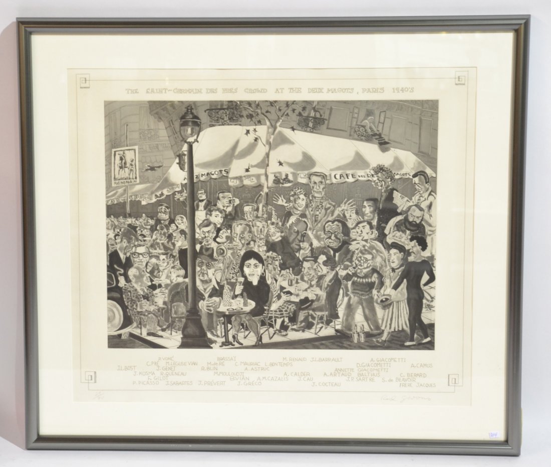 RED GROOMS CROWDED FRENCH CAFE SCENE HAND: SIGNED LITHOGRAPH " THE SAINT GERMAIN des PERES CROWD AT DEUX" MAGOTS 1940 WITH FAMOUS ARTISTS INC- PICASSO ; NUMBERED 29/ 90 - 38" x 34"