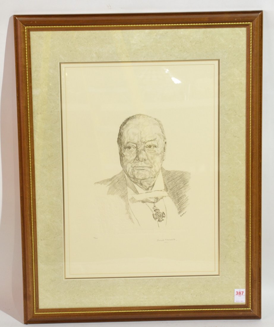 SIGNED & NUMBERED WINSTON CHURCHILL LITHOGRAPH: PENCIL SIGNED BY SARAH CHURCHILL - CURTIS HOOPER ; 43/200 - 33 1/2" x 43 1/2"