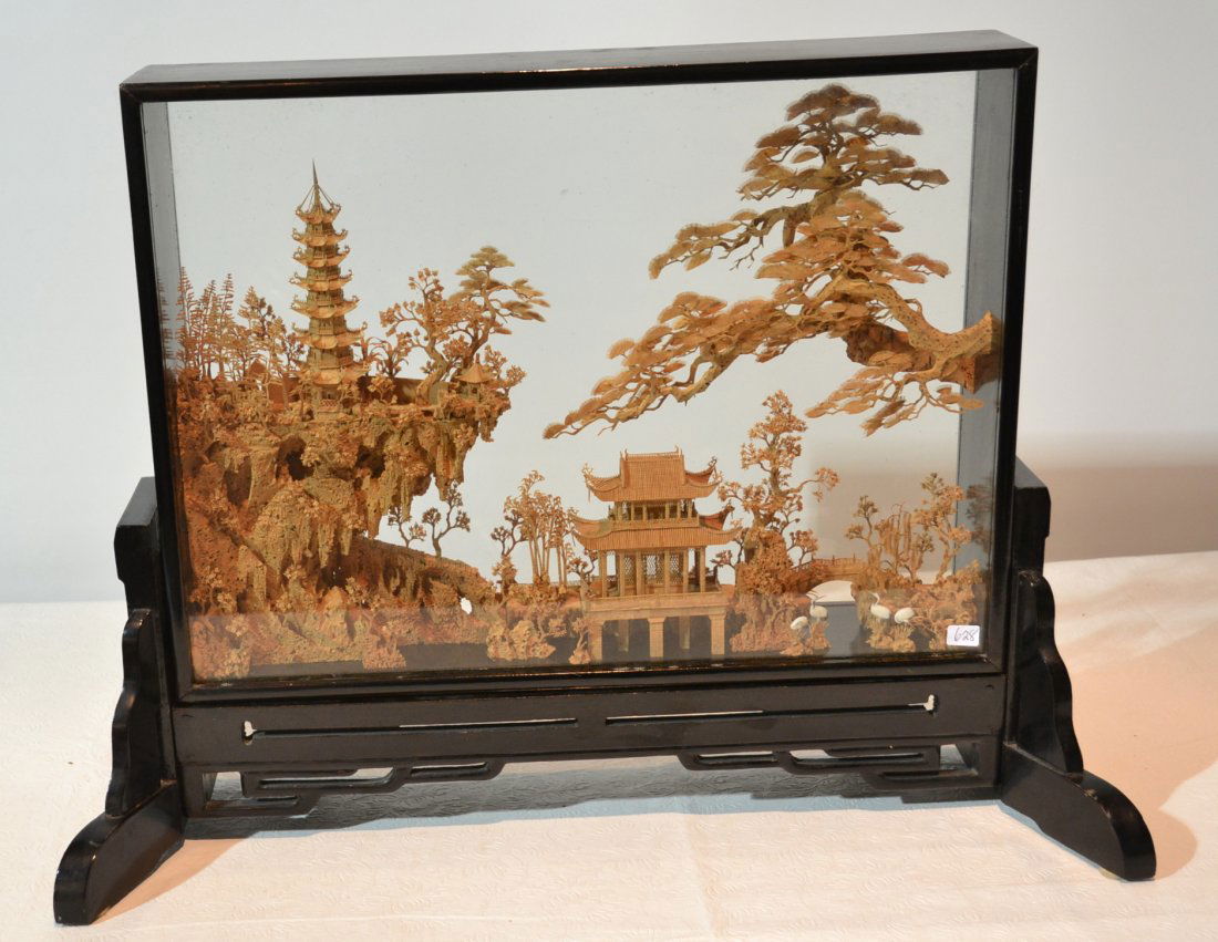 CARVED CHINESE TREES & TEMPLE SET IN SHADOW BOX: ON STAND - 22" x 18"