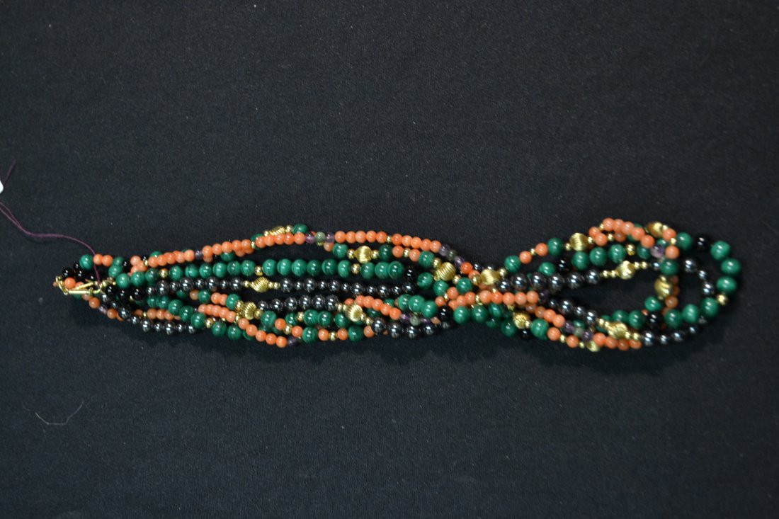 10kt GOLD , CORAL , HEMATITE & MALACHITE BEAD: NECKLACE - 20" LONG