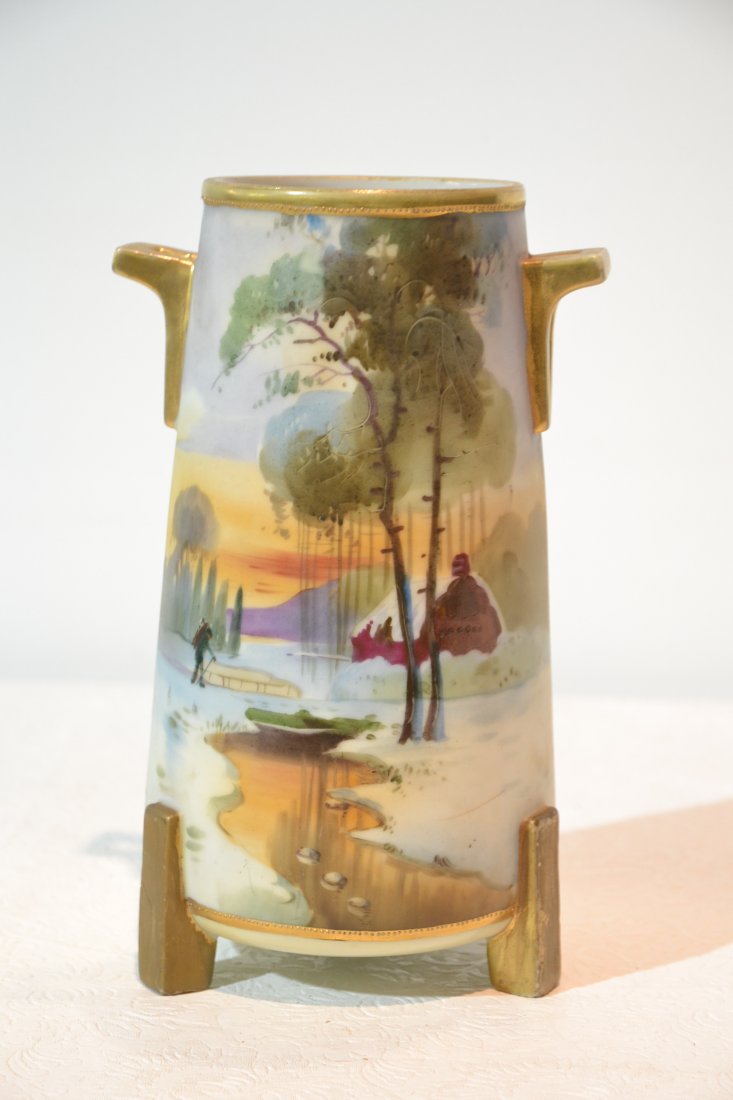 HAND PAINTED NIPPON VASE WITH HIKING SCENE - 9"