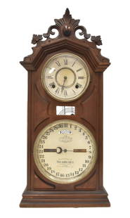 ITHACA # 8 DOUBLE DIAL CALENDAR CLOCK: ITHACA CALENDAR CLOCK Co. WALNUT CASE DOUBLE DIAL CALENDAR LIBRARY CLOCK , MODEL No. 8 WITH WALNUT CASE , ITHACA # 8 ; 1866 - 12" x 6" x 26 1/2" (MISSING BACK PANEL , PENDULUM & DOOR FOR PENDULUM)