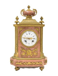 FRENCH BRONZE MOUNTED PINK MARBLE CLOCK: FRENCH PINK MARBLE & BRONZE MANTLE CLOCK WITH URN & FLAME FINIAL - 8 1/2" x 5" x 15"