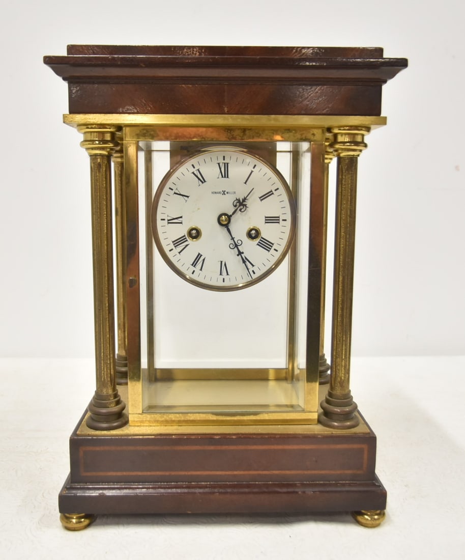 HOWARD MILLER No. 191 WOOD & CRYSTAL REGULATOR: RARE HOWARD MILLER 1984 SIGNATURE SERIES EMPIRE STYLE CRYSTAL REGULATOR WITH INLAID WOOD & BRASS CASE ; HOWARD MILLER No. 191 SIGNATURE SERIES - 9" x 6 1/2" x 13 1/2"