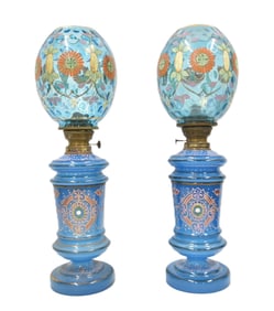 (Pr) ANTIQUE ENAMELED BLUE OPALINE OIL LAMPS