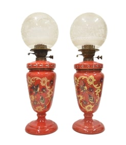 (Pr) ENAMELED RED OPALINE OIL LAMPS