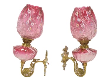 (Pr) CRANBERRY GLASS OIL LAMP SCONCES