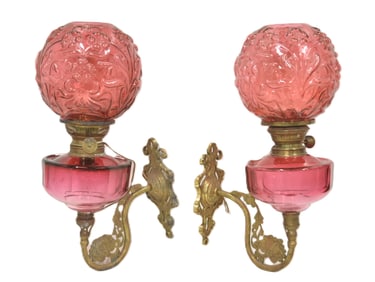 (Pr) CRANBERRY GLASS OIL LAMP SCONCES