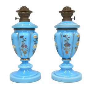 (Pr) ANTIQUE ROBINS EGG BLUE OPALINE OIL LAMPS