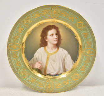 ROYAL VIENNA HAND PAINTED PORTRAIT OF YOUNG CHRIST: ROYAL VIENNA HAND PAINTED PORCELAIN PORTRAIT PLATE OF YOUNG CHRIST AT 12 YEARS OLD SURROUNDED BY GOLD DECORATIONS OVER LIGHT GREEN BORDER - 9 1/2" D