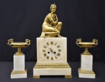 (3)pc FRENCH BRONZE & MARBLE CLOCK SET