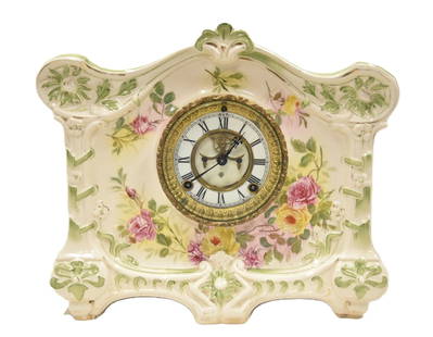 ROYAL BONN ANSONIA MANTLE CLOCK "LA CROIX": ANSONIA ROYAL BONN CHINA CASE MANTLE CLOCK " LA CROIX" WITH FLOWERS & OPEN ESCAPEMENT MOVEMENT - 14" x 5" x 12"