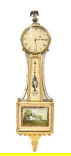 ANTIQUE FEDERAL EGLOMISE BANJO CLOCK: ANTIQUE FEDERAL REVERSE PAINTED AMERICAN EAGLE PARCEL GILT BANJO CLOCK WITH EGLOMISE REVERSE PAINTED GEORGE WASHINGTON PORTRAIT & REVERSE PAINTED DOOR DEPICTING GEORGE WASHINGTONS HOME MOUNT VERNON ,H