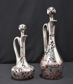 (2) STERLING SILVER OVERLAY RED GLASS DECANTERS