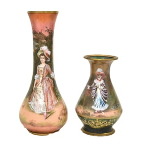 (2) LIMOGES ENAMEL ON COPPER CABINET VASES