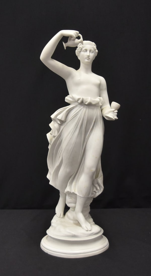 PARIAN PORCELAIN NEO CLASSICAL SEMI NUDE FIGURE: ANTIQUE FRENCH PARIAN PORCELAIN NEO CLASSICAL SEMI NUDE MAIDEN HOLDING URN & CUP - 7" x 6" x 18"