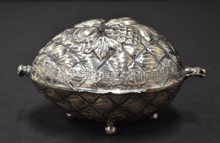 JUDAICA ACORN FORM SILVER ETROG BOX