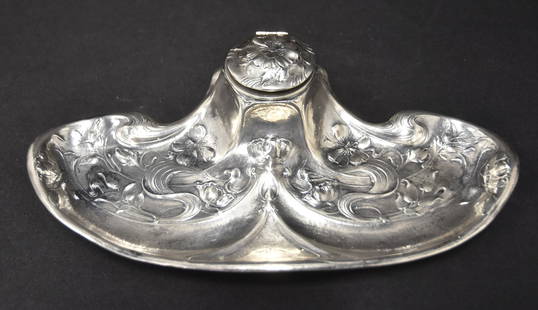 MARTELE GORHAM STERLING ART NOUVEAU INKWELL: MARTELE GORHAM STERLING SILVER ART NOUVEAU INKWELL WITH JAPANISM - JAPANESQUE ART NOUVEAU MARSH FOLIATE PATTERNS - 10 1/4" x 5 1/2" x 2 1/2"