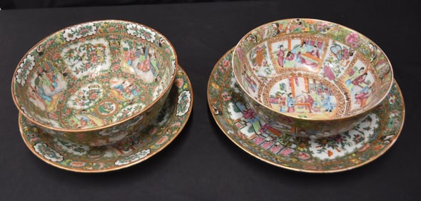(2) ANTIQUE LARGE ROSE MEDALLION BOWLS & CHARGERS
