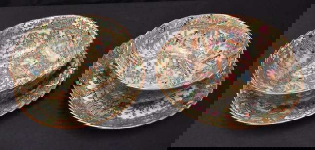 (2) ANTIQUE LARGE ROSE MEDALLION BOWLS & CHARGERS: (2) LARGE ANTIQUE ROSE MEDALLION PORCELAIN TUREEN BOWLS - 10 1/2" x 4 12" / (2) ANTIQUE ROSE MEDALLION CHARGER PLATES - 13 1/2" D