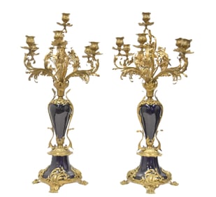 (Pr) COBALT BLUE PORCELAIN & BRONZE CANDELABRAS
