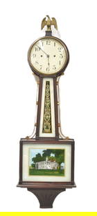 LARGE NEW HAVEN BANJO CLOCK: LARGE NEW HAVEN REVERSE PAINTED BANJO CLOCK WITH EGLOMISE REVERSE PAINTED PANEL WITH LARGE HOUSE ON LAKE & EAGLE FINIAL - 12 1/2" x 4 3/4" x 40 1/2"