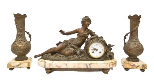 FRENCH (3)pc FIGURAL MOREAU CLOCK SET
