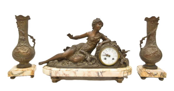 FRENCH (3)pc FIGURAL MOREAU CLOCK SET: LES TOURTELLES" , FRANCOIS MOREAU WHITE METAL SPELTER & MARBLE (3)pc CLOCK SET WITH RECLINING WOMAN ON CLOCK HAVING MATCHING GARNITURE WITH CHERUBS ; FRANCOIS MOREAU "LES TOURTELLES" - CLOCK IS 17 1/2