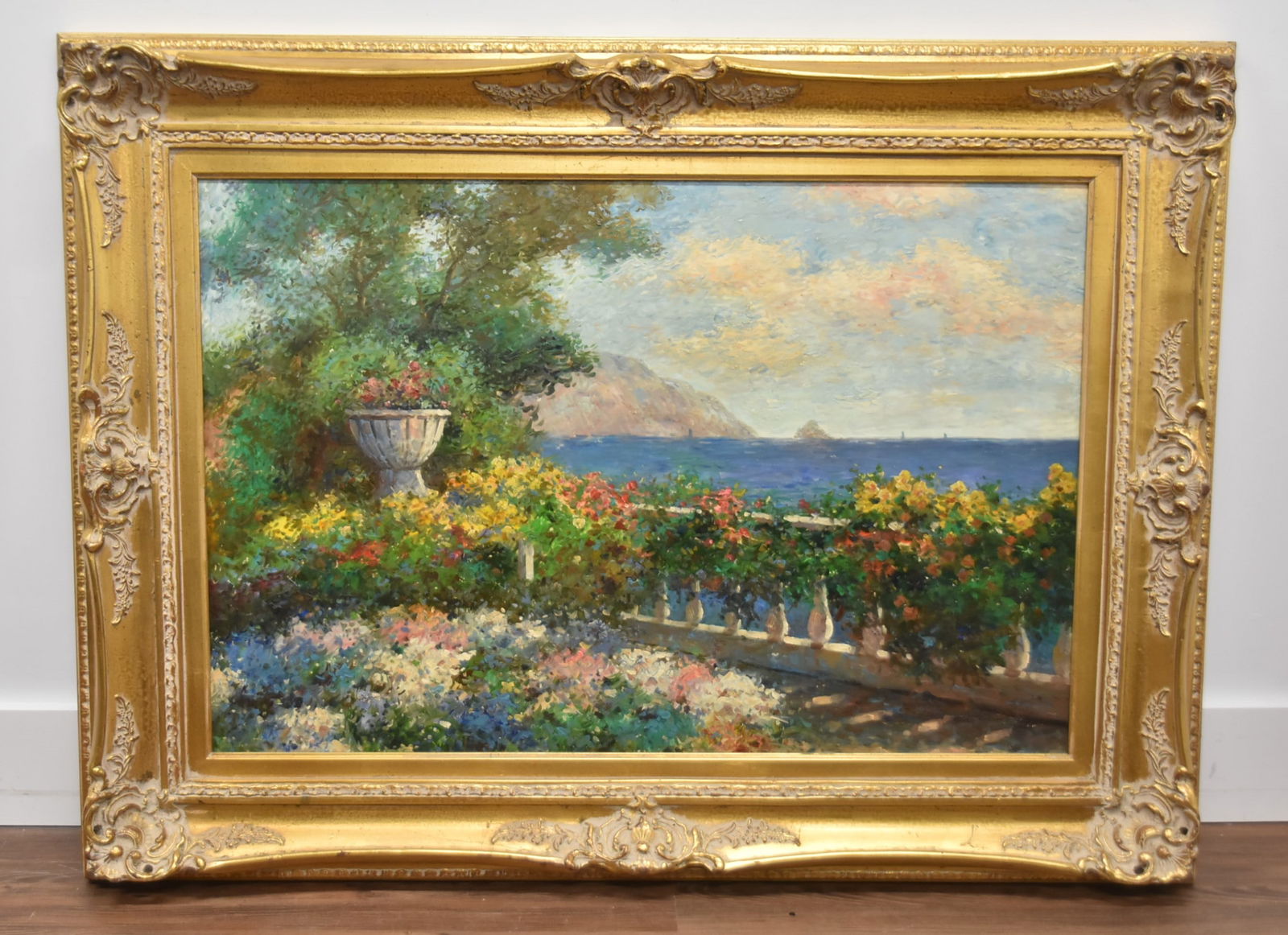 OIL ON CANVAS FLOWERY COASTAL LANDSCAPE: OIL ON CANVAS FLOWERY COASTAL , SIGNED WILLIAM WOOD - 36" x 24" ; 46" x 34" OVERALL
