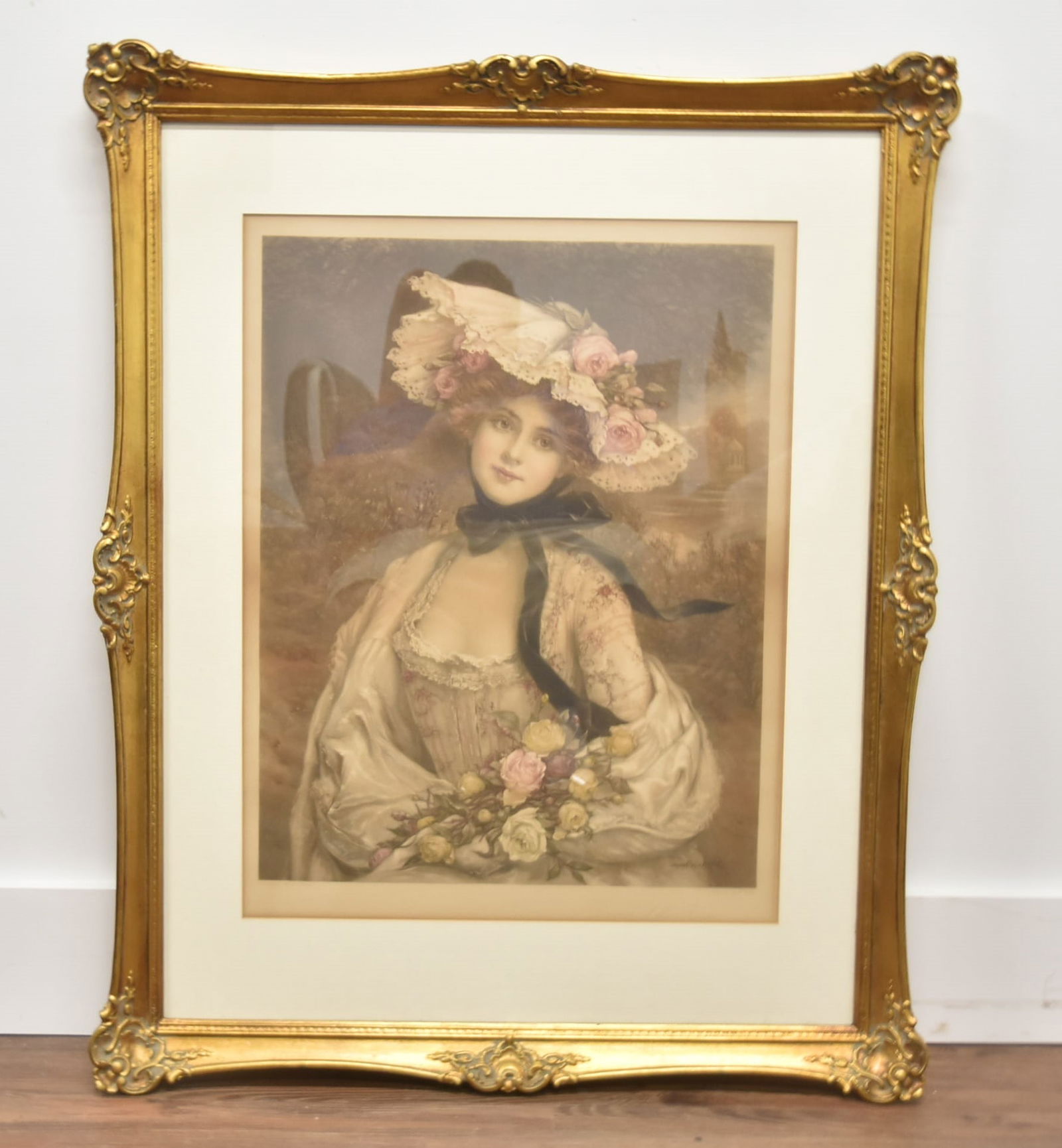 WA COX "QUEEN OF THE ROSES: COLOR LITHOGRAPH: AFTER FRANCOIS MARTIN KAVEL (FRANCE, 1861-1931) ENGRAVED BY WA COX "QUEEN OF THE ROSES" COLOR LITHOGRAPH , DEPICTING YOUNG LADY HOLDING BASKET OF ROSES - IMAGE SIZE IS 18" x 23 1/2" ; OVERALL FRAMED I